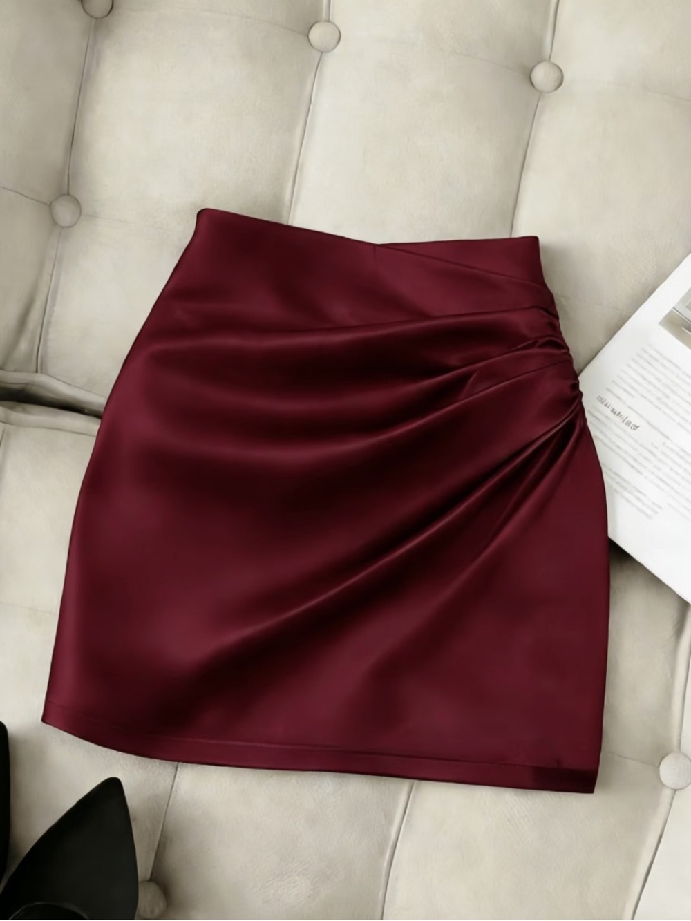 Women’s Satin Ruched Mini Skirt - Burgundy